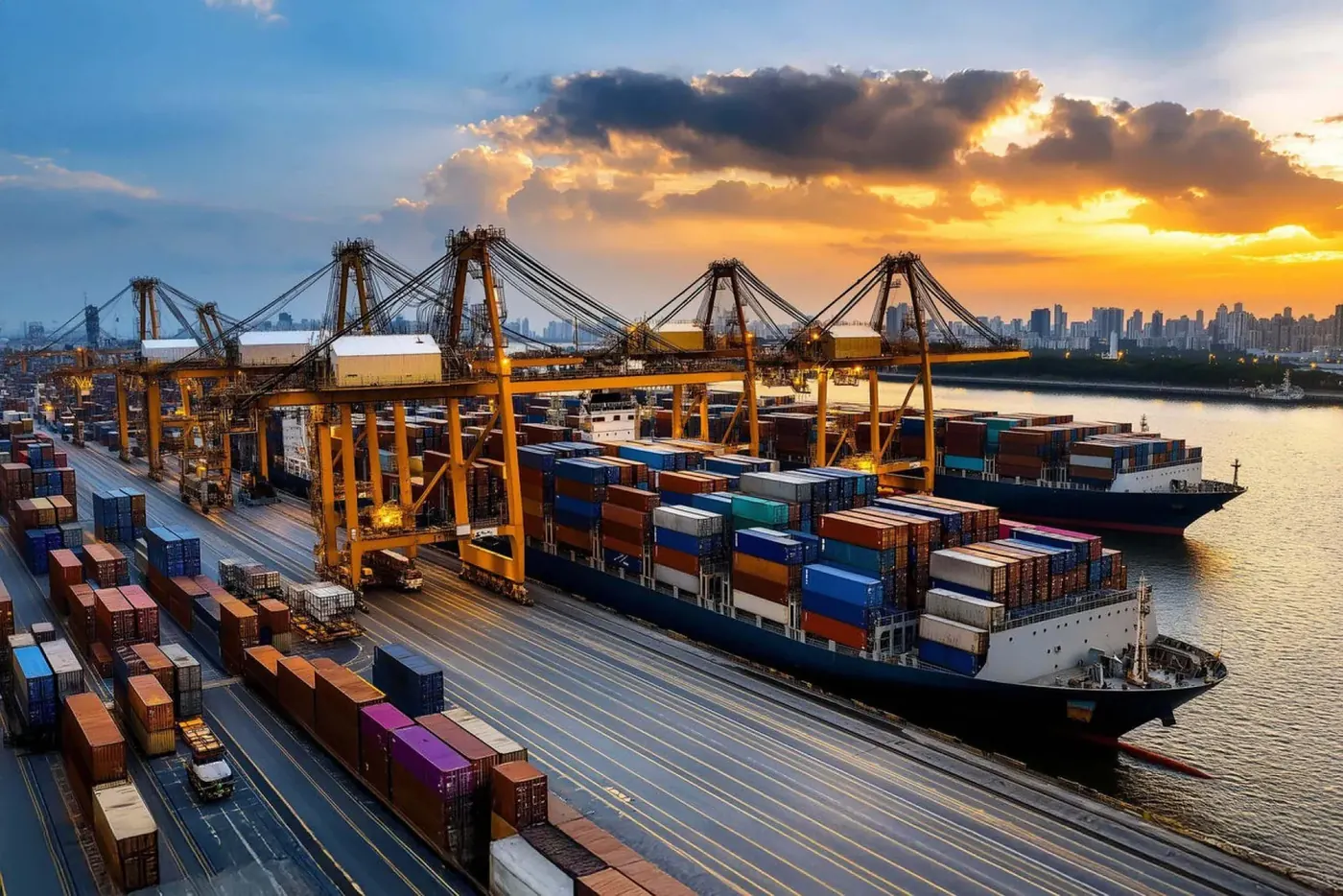 Container port with ships at sunset